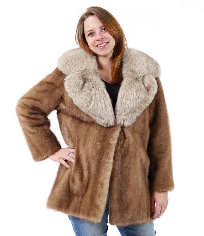MINK FOX JACKET BLONDE FOX COLLAR: MINK FUR JACKET WITH FOX FUR COLLAR: Blonde mink with plush fox, bell sleeves, Abrahamson label. Measures approx. 29" collar to hem, 18" shoulder to shoulder and 23" outside sleeve.