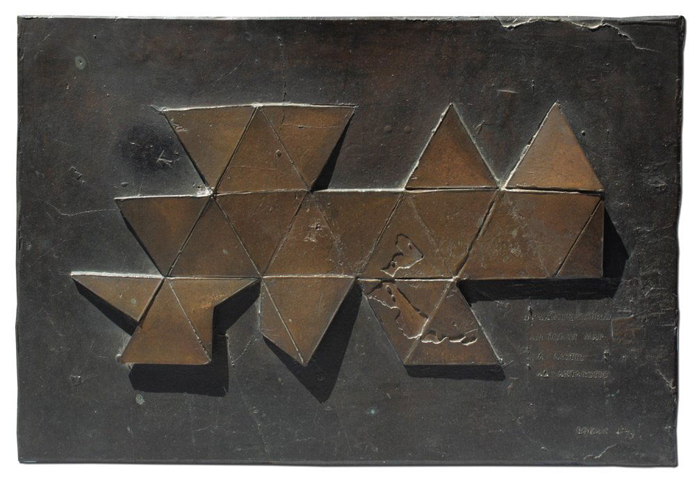 PETER LOGAN BRONZE PLAQUE AFTER BUCKMINSTER FULLER: DYMAXION WORLD BRONZE OF BUCKMINSTER FULLER'S AIR OCEAN MAP: 3d Bronze Plaque, 15 1/2" x 23 1/2", This was created in 1970 by promising grad student Peter Logan, signed and dated lower right. It was h
