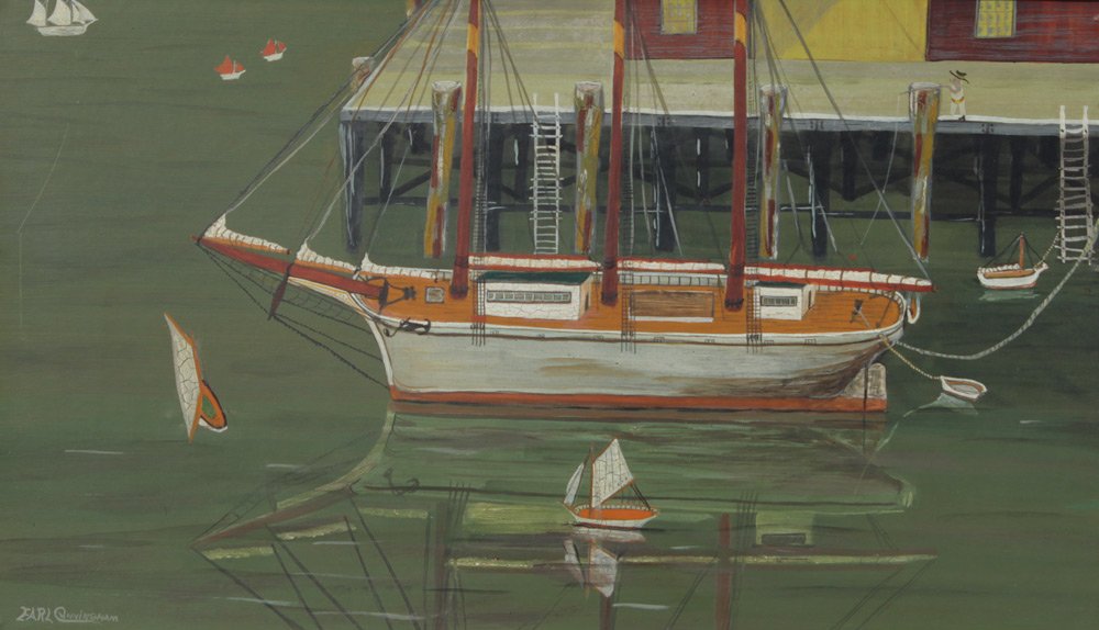 EARL CUNNINGHAM PRIMITIVE DOCKSIDE PAINTING: CUNNINGHAM, Earl, (American, 1893-1977): Dockside Painting with White Three Masted Clipper Ship, Oil/Masonite, 14" x 24", encased in original cypress frame 20 1/2" x 31".