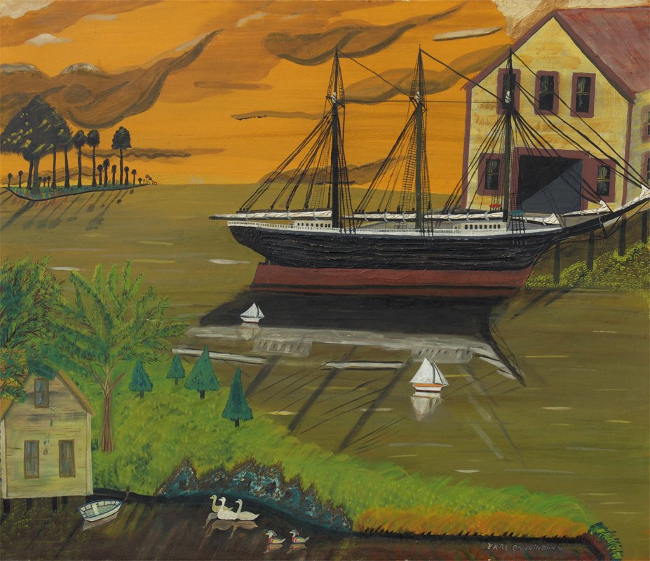 EARL CUNNINGHAM PRIMITIVE DOCKSIDE PAINTING: CUNNINGHAM, Earl, (American, 1893-1977): Boat at Dockside, Oil/Masonite, 21 7/8" x 25 3/4", signed lower right, original painted frame, 26 1/2" x 30 1/2".