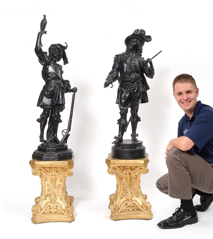 TWO 38'' TALL MUSKETEER FIGURES & PEDESTALS: PR DECORATIVE CAST METAL MUSKETEER SCULPTURES: Don Juan and Falconer, Patinated Lightweight cast Metal, approx. 38" tall. Sold with gold gilt plaster pedestals, 16 1/2" x 12" x 12".