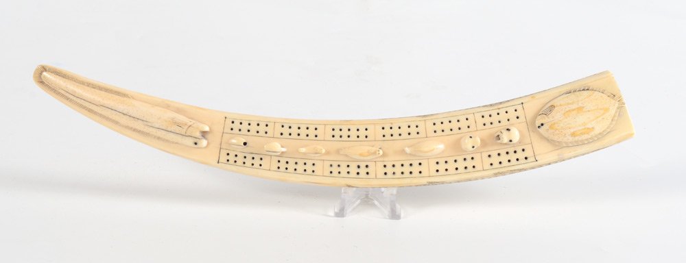 SCRIMSHAW WALRUS TUSK CRIBBAGE BOARD: SCRIMSHAW WALRUS TUSK CRIBBAGE BOARD: Top with carved halibut, seals and eel. Scrimshaw image on side of pike, base with walrus and Inuit fisherman whaling scene. Overall 13 1/4" long.