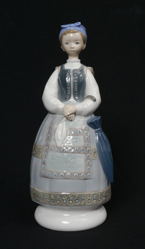 LLADRO SHEPHERDESS TRADITIONAL DRESS 1158: LLADRO PORCELAIN FIGURINE: Shepherdess with Traditional Dress #1158, Julio Fernandez sculptor, issued 1971 retired 1986, 11''h. x 5'' x 5''.