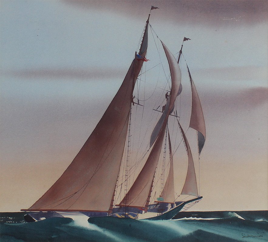 SANDOR BERNATH YACHT RACING PAINTING: BERNATH, Sandor, (Hungarian-American, 1892-1984): American Yacht Scene, Watercolor, Sight size 15" x 16", signed lower right, silver gilt frame 23 1/2" x 23 1/2".