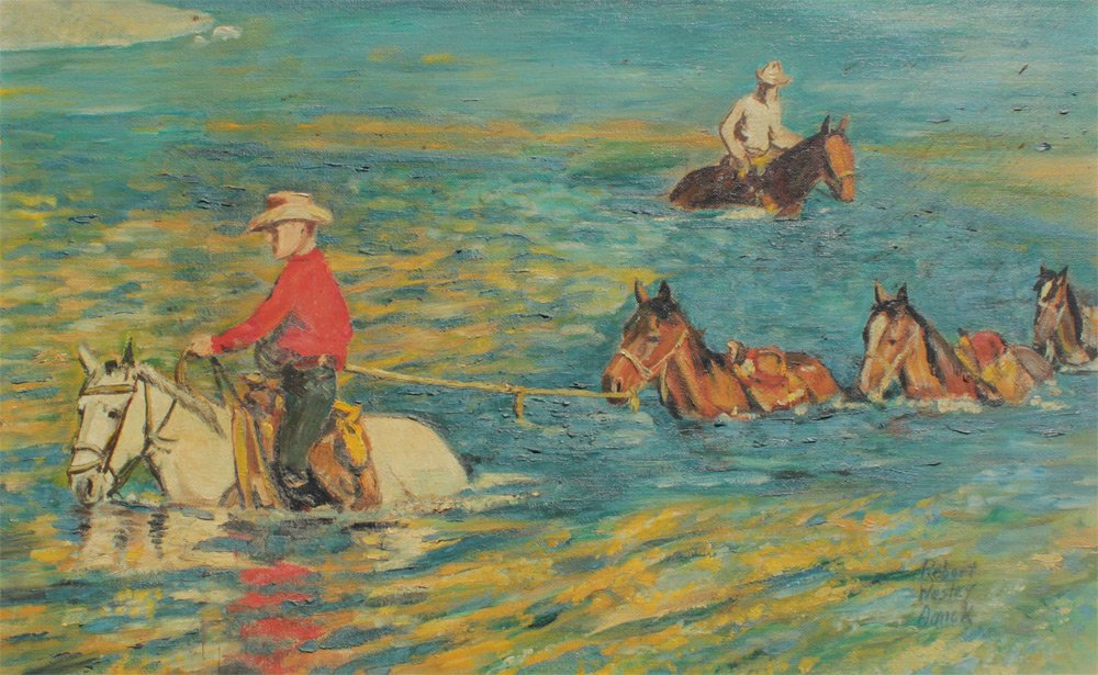 ROBERT WESLEY AMICK WESTERN COWBOY PAINTING: AMICK, Robert Wesley, (American, 1879-1969): Western Cowboy Scene with 2 Cowboys on Horseback Crossing a River with Packhorses, Oil/Canvasboard, 18" x 29", framed, 23" x 35", Vixseboxse Gallery label 
