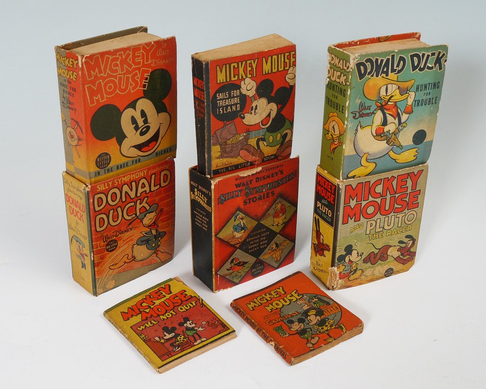 6 VINTAGE WALT DISNEY BIG LITTLE BOOKS: 6 VINTAGE WALT DISNEY BIG LITTLE BOOKS: 8 books total to include 6 Whitman books "Mickey Mouse Sails for Treasure Island" 1935, no number; #1111 "Silly Symphonies" 1936; #1128 "Mickey Mouse and Pluto