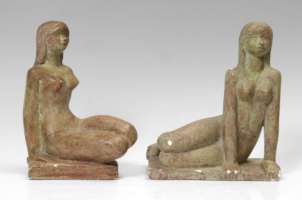 TWO CHUCK DODSON FEMALE NUDE SCULPTURES: DODSON, Chuck, (American, 20th Century): Two Female Sculptures; 1) Posing Young Female Nude, Plaster Resin Composite, 11" h. x 8 1/2" w. x 6" d., signed on the base; 2) Young Bathing Beauty Seating on