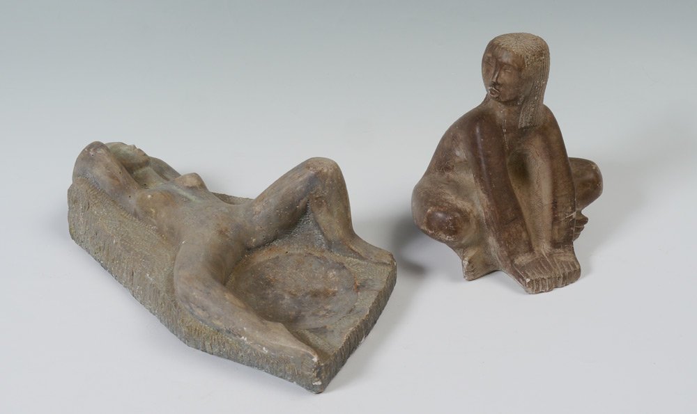 TWO CHUCK DODSON FEMALE SCULPTURES: DODSON, Chuck, (American, 20th Century): Two Female Sculptures; 1) Seated Female Sitting Cross-Legged, Plaster Resin Composite, 8 1/2" h., signed on her left leg; 2) Erotic Reclining Female Nude with