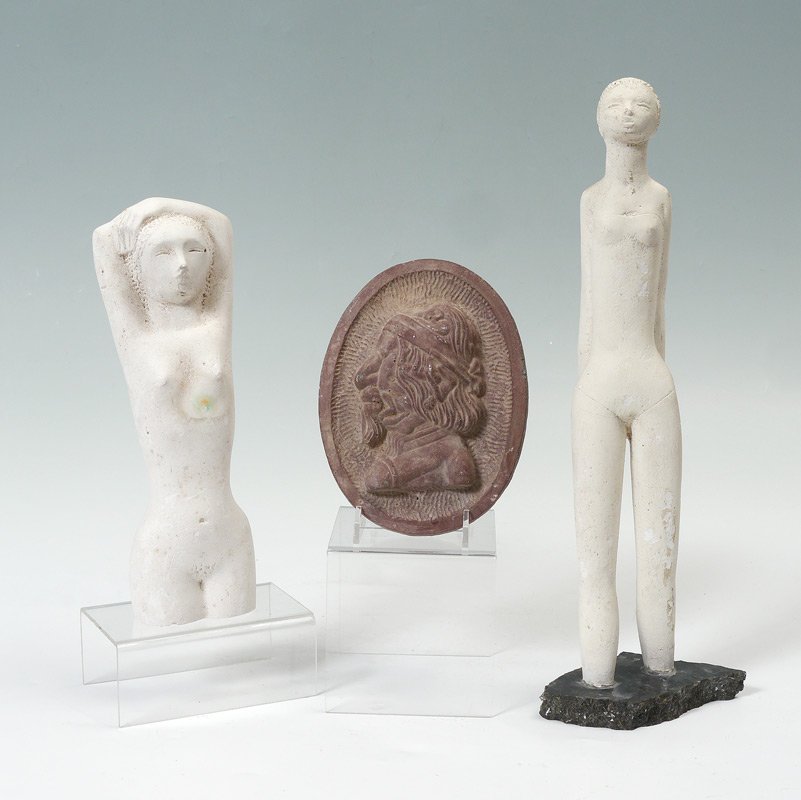 3 CHUCK DODSON SCULPTURES: 3 CHUCK DODSON SCULPTURES: 2 Unglazed Women Sculptures; the Standing Female measures approximately 15" h., affixed to a granite base; the 3/4 Nude is 10" h.; and Surreal Plaque of a man, made up of wo