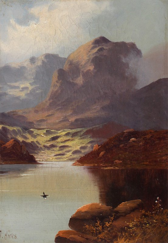 DAVID HICKS HIGHLAND LOCH LANDSCAPE PAINTING: HICKS, David, (British, 20th Century): Highland Loch Scene, Oil/Canvas, 14" x 10", signed lower left, encased in carved and gilded gesso frame 18" x 13 1/2".