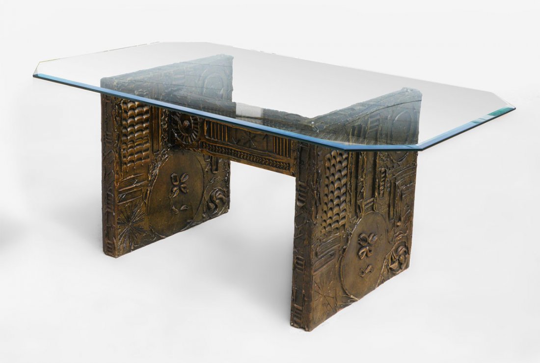 ADRIAN PEARSALL DINING OR CONFERENCE TABLE: ADRIAN PEARSALL DINING OR CONFERENCE TABLE: Ca. 1970's. The bronzed composite base measures 28 3/4" h. x 41 3/4" x 29 1/4", the beveled glass top 72" x 42".