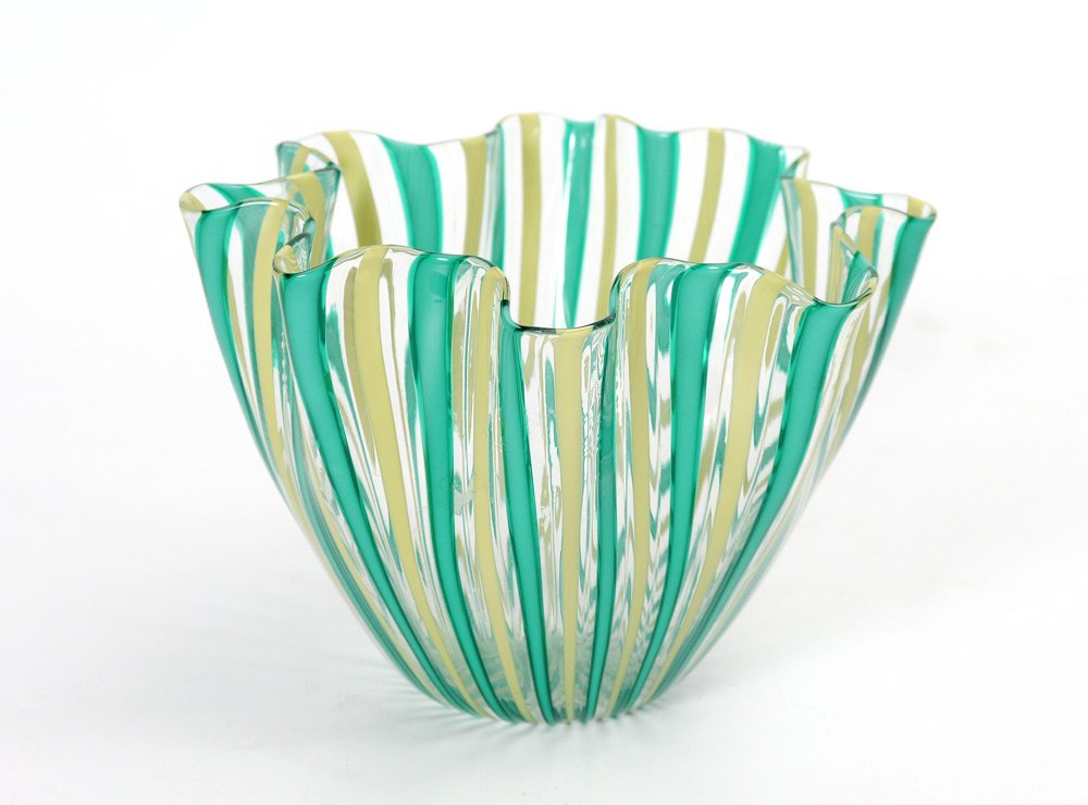 SIGNED VENINI MURANO HANDKERCHIEF VASE: SIGNED VENINI MURANO HANDKERCHIEF VASE: Clear glass with green and yellow striping, signed Venini Murano on base. 5" h. x 7".