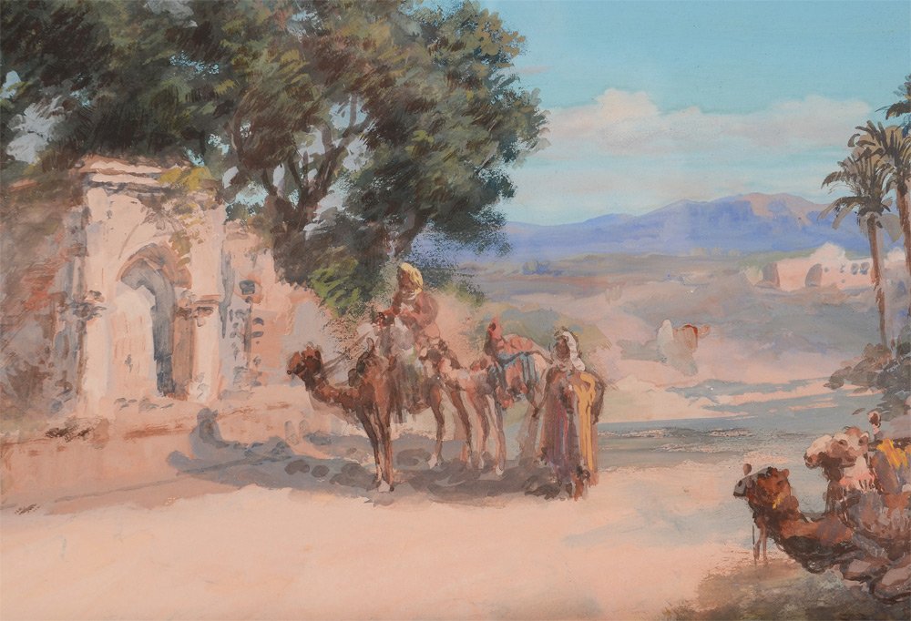 PAUL PASCAL ORIENTALIST ARAB PAINTING: PASCAL, Paul B., (French, 1832-1903): Middle-Eastern Scene with Arabs and Camels in Village, Gouache, sight size 7 1/4" x 12 1/2", signed lower left and dated 1904, framed, 13 1/2" x 18 1/2".