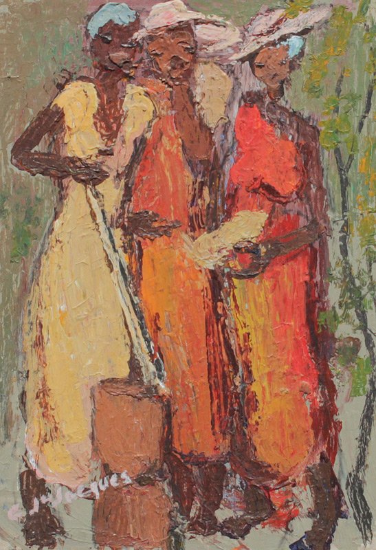 CARLO JEAN-JACQUES HAITIAN FOLK PAINTING: JEAN-JACQUES, Carlo, (Haitian, 1943-1990): Haitian Figures Standing, Oil/Board, 7" x 5", signed lower left, framed 12" x 10", Gallery Marassa label affixed verso.