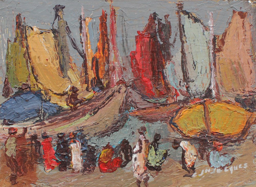 CARLO JEAN-JACQUES HAITIAN PAINTING: JEAN-JACQUES, Carlo, (Haitian, 1943-1990): Haitian Harbor Painting with Figures, Oil/Board, 5" x 7", signed lower right, framed 10" x 12", Gallery Marassa Haiti.