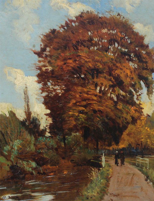 ROBERT NOBLE RIVER LANDSCAPE PAINTING: NOBLE, Robert, (United Kingdom, 1857-1917): Riverside Landscape with Figures Walking on a Trail, Oil/Cardboard, 14" x 11", signed lower left, framed 18 1/4" x 15 1/4".