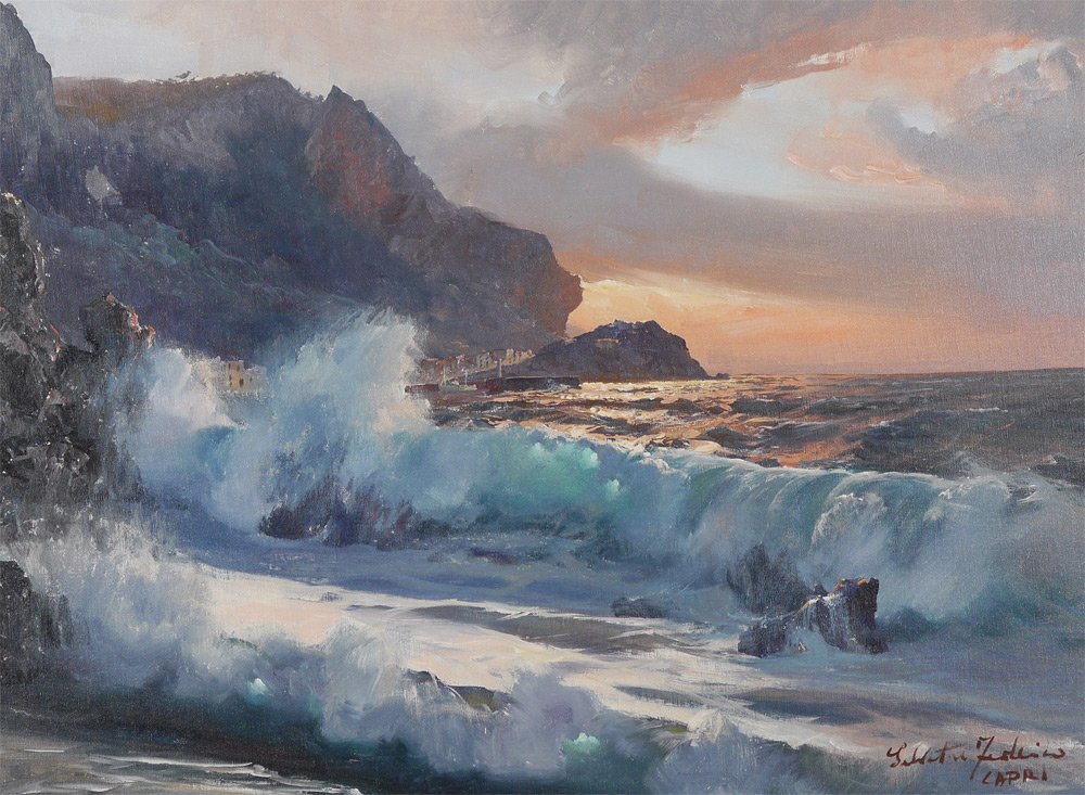 SALVATORE FEDERICO CAPRI SUNSET PAINTING: FEDERICO, Salvatore, (Italian, 20th Century): Sunlight and Waves, Coastal Capri, Oil/Canvas, 20" x 27 1/2", signed lower right, titled, framed 27" x 34 1/4".