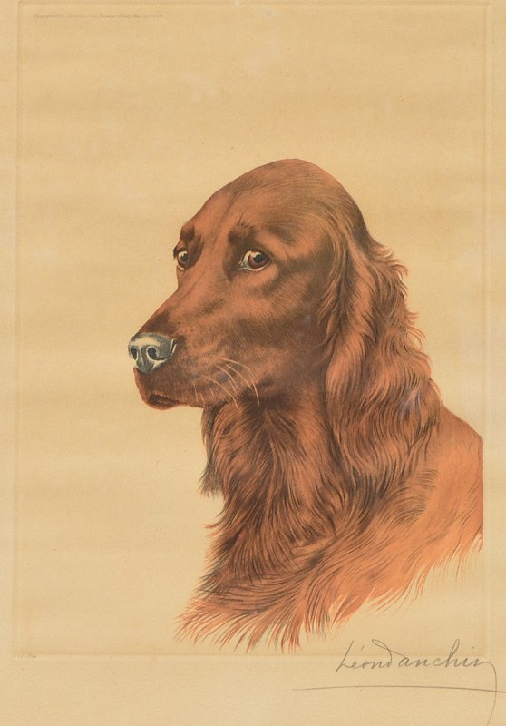 LEON DANCHIN IRISH SETTER COLOR ETCHING: DANCHIN, Leon, (French-American, 1887-1939): Irish Setter, Color Etching, Sight size 20 1/4" x 14 1/4", pencil signed lower right, #'d 145/500 lower left, print maker in upper left impression corner d