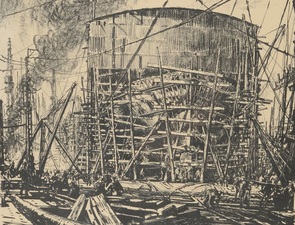 MUIRHEAD BONE ''ON THE STOCKS'' LITHOGRAPH: BONE, Muirhead, (Scottish, 1876-1953): ''On the Stocks'', Lithograph, 15 1/4'' x 20 1/2'' with margins, pencil signed lower right, titled in the margin, black frame 18 1/2'' x 24''.