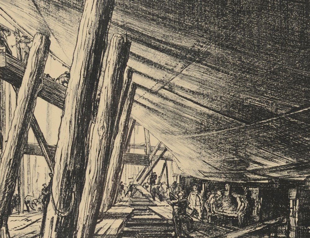 MUIRHEAD BONE LITHO BUILDING A CROSS CHANNEL FERRY: BONE, Muirhead, (Scottish, 1876-1953): ''Building a Cross Channel Ferry'', Underneath the Bows, Lithograph, 15 1/2'' x 23 3/4'' with margins, pencil signed lower right, titled in the lower right corne