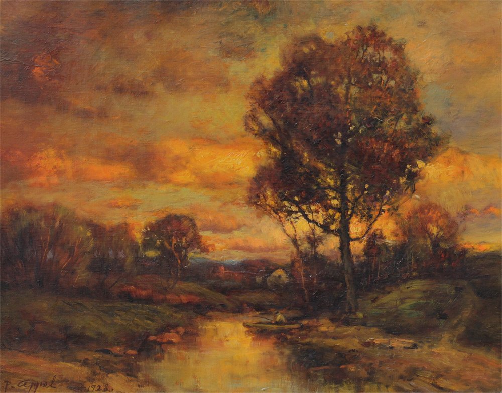 CHARLES APPEL AUTUMN STREAM SUNSET PAINTING: APPEL, Charles, P., (American, 1857-1928): Autumnal Scene with Fisherman in a Stream, Oil/Canvas, 16" x 20", signed lower left, dated 1928, encased in a period gilded frame 21" x 25".