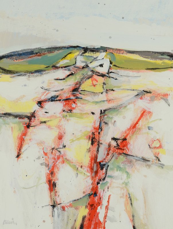 CARL BLAIR WHITE BANK PAINTING 1968: BLAIR, Carl Raymond, (American, 1932- ): "White Bank", Polymer/Paper, Sight size 16" x 12 1/2", signed lower left, titled verso, dated 1968, contemporary framing 26 1/2" x 22 1/2".