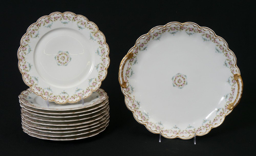 HAVILAND FRENCH LIMOGES CAKE SET: FRENCH LIMOGES CAKE SET: Theodore Haviland, Ca. 1904-1925. Larger serving plate (13 3/4''), and 10 plates (9 1/4'').