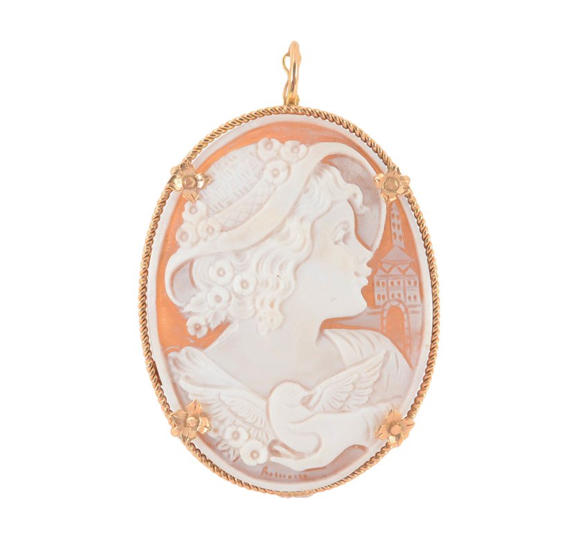 LARGE 14K GOLD CAMEO GIRL W/ BIRD: LARGE 14K GOLD FRAMED CAMEO PENDANT / BROOCH: Artist signed carved shell cameo of young girl with bird. 2 1/2'' x 2''.