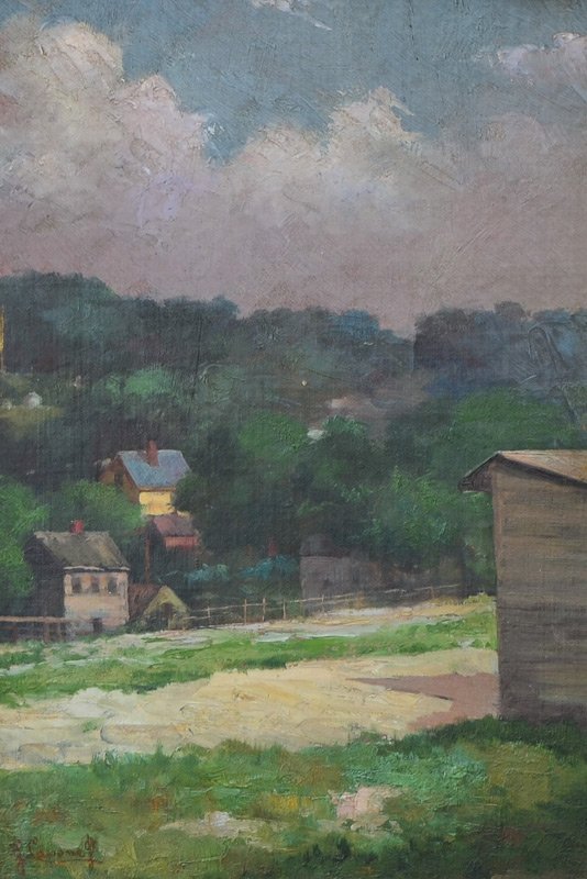 GAETANO CAPONE VILLAGE LANDSCAPE PAINTING: CAPONE, Gaetano, (American, 1845-1920): Village Landscape From the Hill, Oil/Canvasboard, 18" x 12", signed lower left, painted frame 25" x 19 1/4".
