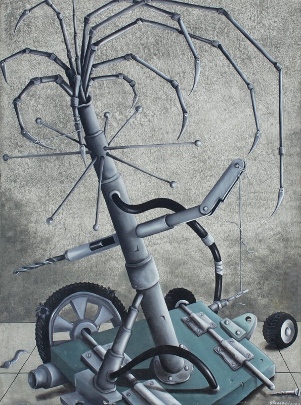 GIRALDO GONZALEZ "MAQUINA MOD" PAINTING: GONZALEZ, Giraldo (Cuban, 20th Century): "Maquina Mod", Oil/Canvas, 31 1/2" x 23 1/2", signed lower right, dated 2003, signed and titled verso, black frame 32 1/2" x 24 1/2".