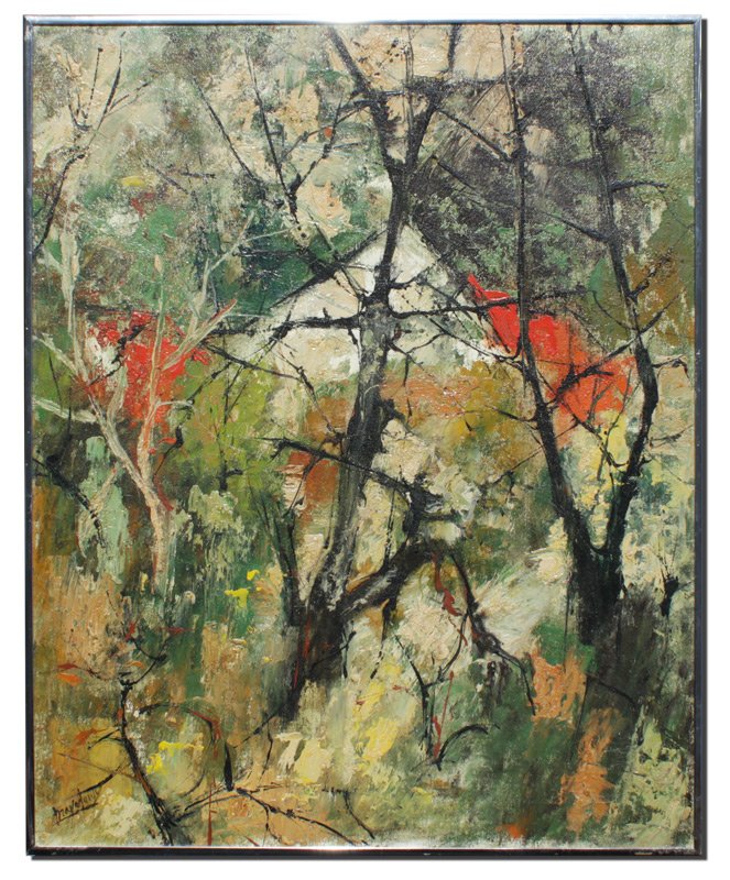 JEAN-CLAUDE MAYODON ABSTRACT LANDSCAPE PAINTING: MAYODON, Jean-Claude, (French, 1938-1981): Abstract Landscape with Trees, Oil/Canvas, 24" x 20", signed lower left, metal frame 25 1/4" x 20 1/4".