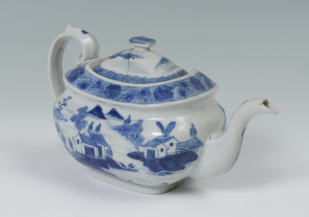 CANTON TEA OR COFFEE POT: CHINESE CANTON TEA POT: Classic shape for the English market. Old staple repairs on the lid. Measures 6 1/2" tall by 11".