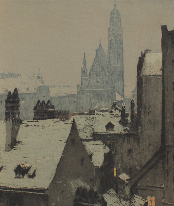 LUIGI KASIMIR EUROPEAN ETCHING: KASIMIR, Luigi, (Austro-Hungarian, 1881-1962): "Blick auf Maria am Gestade", Color Etching, 19" x 14" with margins, titled in the lower margin in print, framed 21" x 16 1/4".
