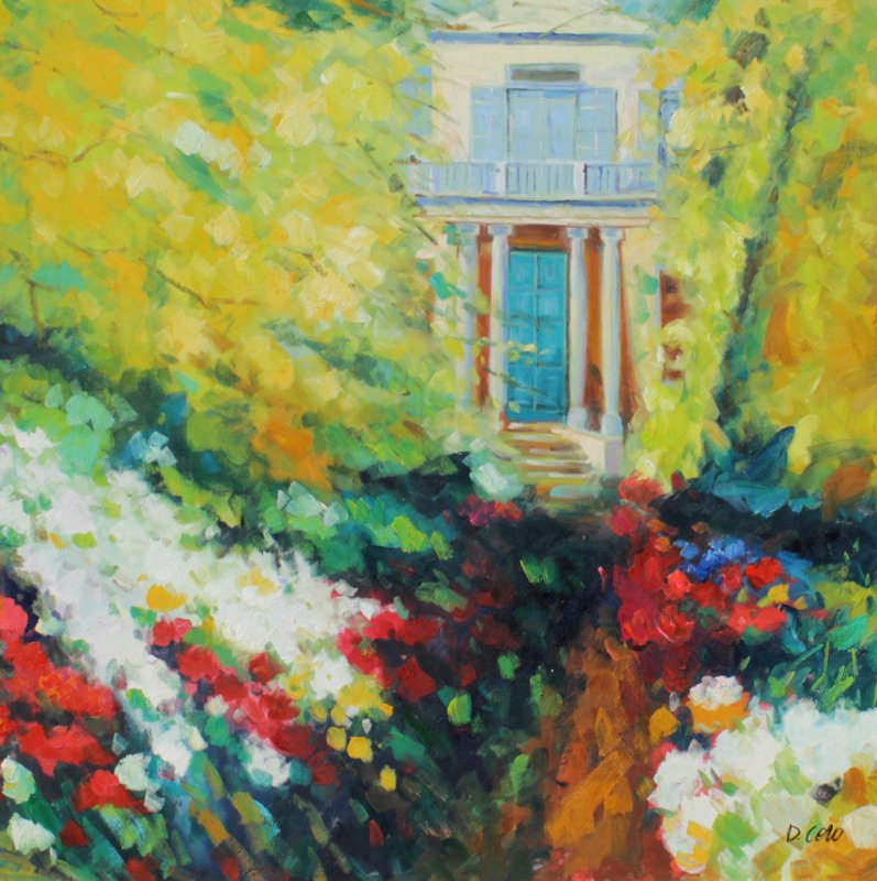 VIEW FROM THE GARDEN PAINTING SIGNED CORO: VIEW FROM THE GARDEN PAINTING SIGNED CORO: Oil/Canvas, 30" x 30", signed lower right, fine gilded framing 37" x 37".