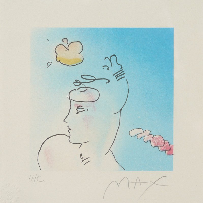 PETER MAX LADIES HAT LITHOGRAPH: MAX, Peter, (German, 1937- ): Ladies Hat, Color Lithograph, Sight size 6 1/2" x 6 1/2", pencil signed lower right, marked H/C lower left with Peter Max New York Blind Stamp, 1981, metal frame 13 1/2"