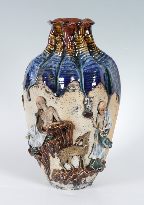JAPANESE SUMIDA GAWA VASE: JAPANESE SUMIDA GAWA VASE: Large vase depicting elders in various poses with a stag deer, no visible signature. Measures 18 1/4" h. x 11" dia.