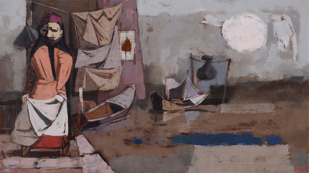 LOUIS BOSA FISH PEDDLER PAINTING: BOSA, Louis, (Italian-American, 1905-1981): "Fish Peddler", Oil/Masonite, 14" x 24", signed lower right, Frank Oehlschlaeger Gallery label affixed verso, original frame 19" x 29 1/4".