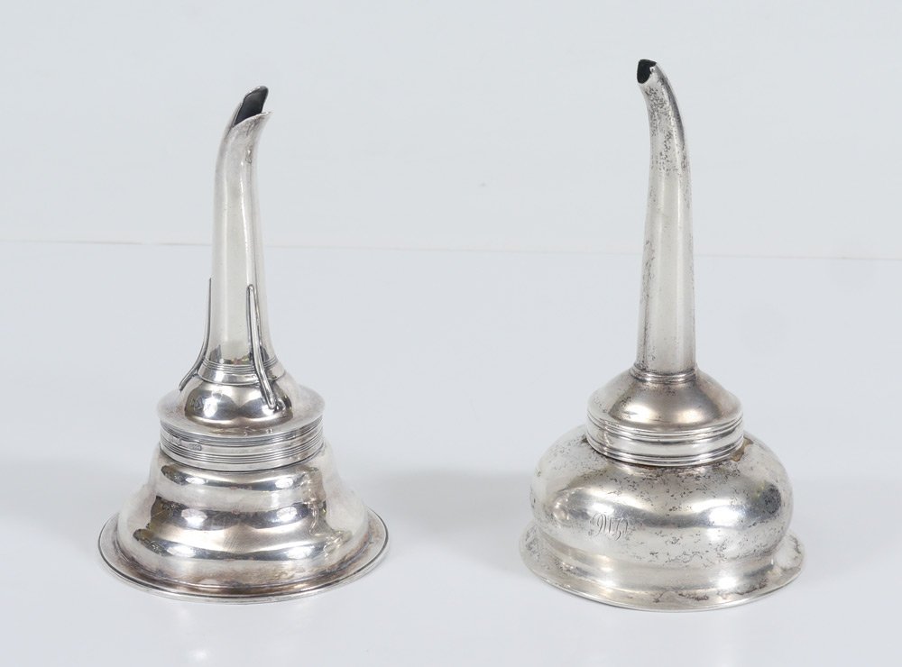 19TH CENTURY GEORGE McHATTIE SILVER WINE FUNNEL: 19TH CENTURY GEORGE McHATTIE SILVER WINE FUNNEL: From early 19th century Edinburgh silversmith George McHattie, measures 5 3/4" long x 3 1/2". Sold with an additional funnel, unmarked as to silver con