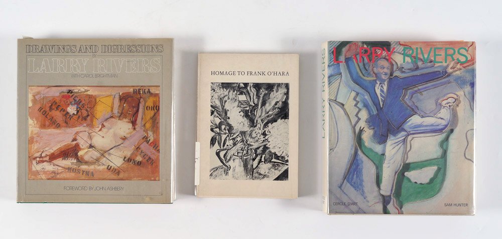 LARRY RIVERS & FRANK O'HARA BOOKS / AUTOGRAPHS: LARRY RIVERS & FRANK O'HARA BOOKS / AUTOGRAPHS: Lot of three books, two Larry Rivers, one Frank O'Hara. 1) A very rare book with a note in Rivers' hand above an image of close friend, poet Frank O'Har