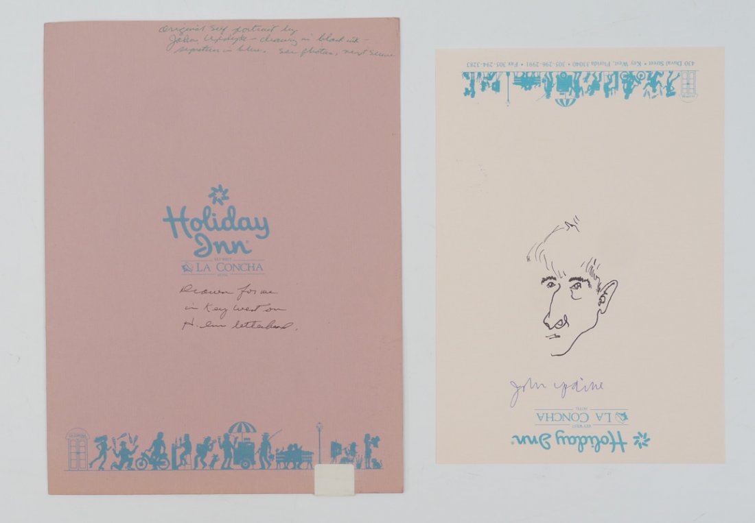 JOHN UPDIKE SIGNED SELF PORTRAIT DRAWING PHOTOS: JOHN UPDIKE SIGNED SELF PORTRAIT DRAWING PHOTOS: Original drawing by John Updike on Holiday Inn Stationary drawn for Bill Plumley. Sold along with pictures taken of Updike by Bill Plumley (at the Tenn