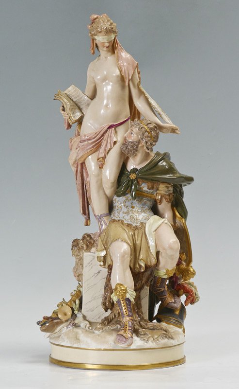 LARGE CONTINENTAL MYTHOLOGICAL PORCELAIN STATUE: LARGE CONTINENTAL MYTHOLOGICAL PORCELAIN STATUE: Large allegorical double figure porcelain of History and Mars depicting a blindfolded nude muse with open ledger above a seated soldier with shield. Bl