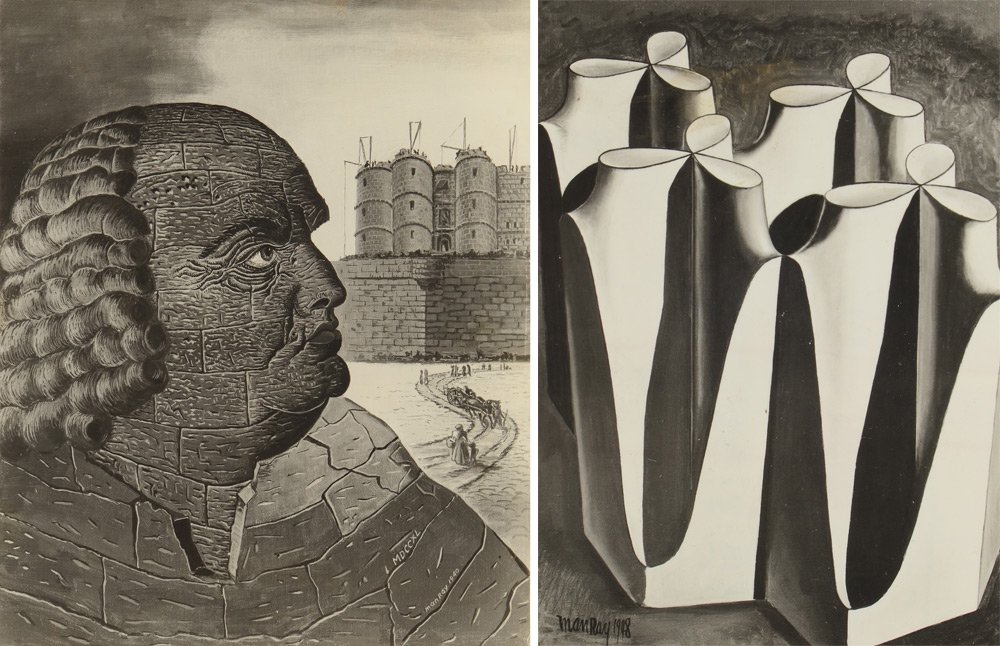 2 PHOTOGRAPHS OF MAN RAY WORKS: 2 VINTAGE PHOTOGRAPHS OF MAN RAY WORKS: 2 piece lot to include 1) Photograph of a painting, "The Merry Wives of Windsor", 1948, N. MANDEL studio stamp, 6 3/8" x 4 7/8". 2) Photograph of a painting, "I