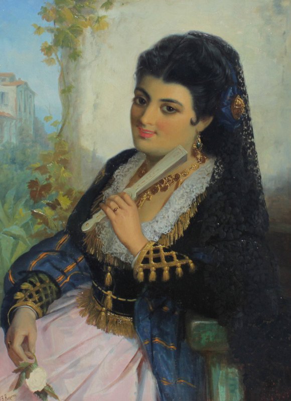 J.B. BURGESS SPANISH GIRL PAINTING: BURGESS, John Bagnold, (British, 1829-1897): "A Spanish Beauty", Oil/Canvas, 24" x 18", signed lower left, Alexandra Galleries label affixed verso, pierce carved gilded gesso frame, 31" x 24 1/2".