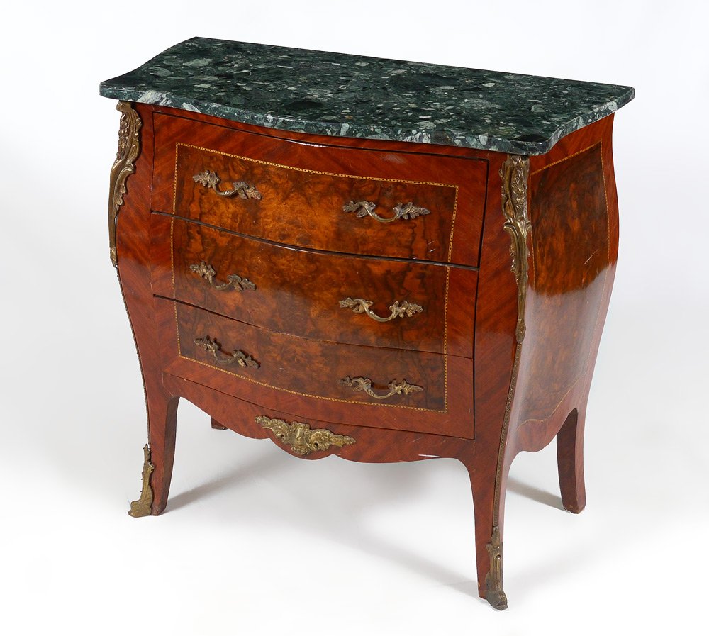 MARBLE TOP ORMOLU COMMODE: MARBLE TOP ORMOLU COMMODE: Serpentine green marble top, 3 drawer bombe base with string inlay, burl veneer panels, applied ormolu decoration. Overall measures 31 1/2" h. x 32 3/4" x 17".