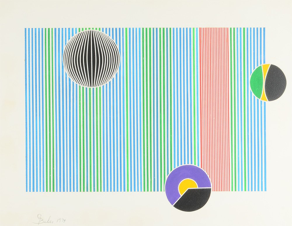 GISELA BEKER ABSTRACT GEOMETRIC SERIGRAPH "BAUHAUS": BEKER, Gisela, (German-American, 1932- ): "Bauhaus #8", Serigraph, 18" x 24", pencil signed lower left, dated 1974, float mounted in contemporary metal frame 25" x 30 3/4".
