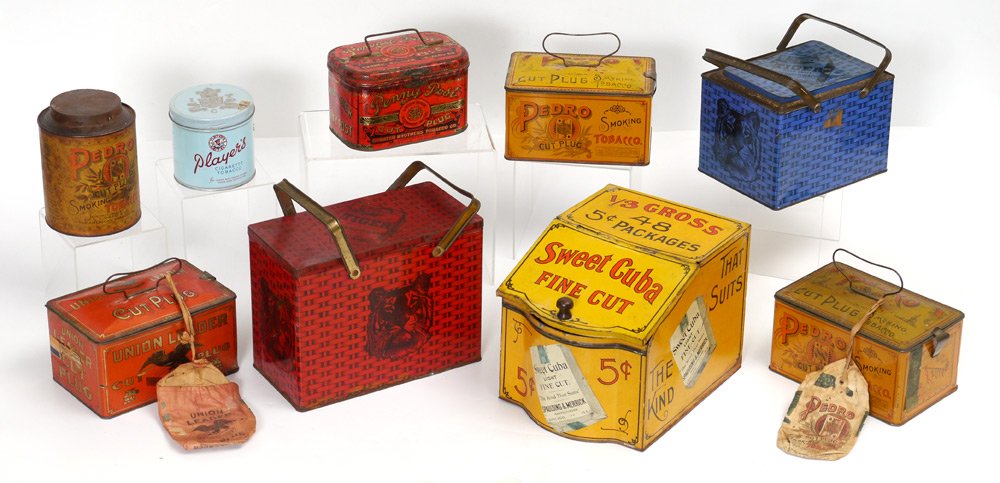 COLLECTION OF 9 TOBACCO ADVERTISING TINS: COLLECTION OF 9 TOBACCO ADVERTISING TINS: 9 pieces total with tin lithography to include 1) 1/3 gross Sweet Cuba Fine Cut, hinged front lid, 7 7/8'' h. x 11 1/4''. 2) Red Tiger Bright Sweet Chewing To