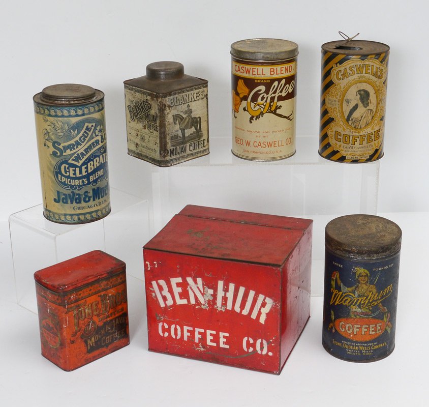 COLLECTION OF 7 COFFEE ADVERTISING TINS: COLLECTION OF 7 COFFEE ADVERTISING TINS: 7 pieces total to include 1) Ben Hur Coffee Co. countertop tin, 8 1/2'' x 10 1/2'' x 9''. 2) Tone Bros. Mocha and Java Coffee lift top tin, 7'' h. 3) Wampum Co