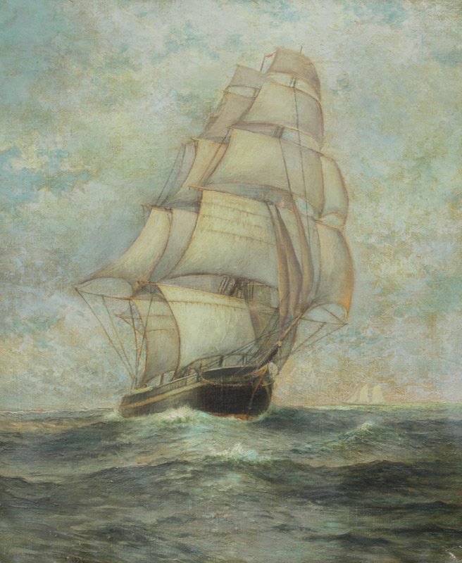 GEORGE HOWELL GAY MARITIME OIL PAINTING: GAY, George Howell, (American, 1858-1931): Maritime Scene featuring Clipper Ship, Oil/Canvas, 24" x 20", signed lower left and dated 1926, gilded and carved impressionist frame, 29 1/2" x 25".