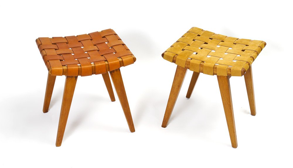 2 JENS RISOM FOR KNOLL WOVEN LEATHER STOOLS: 2 JENS RISOM FOR KNOLL WOVEN LEATHER STOOLS: 2 pieces total, each with birch wood frames, one with light leather, the other slightly darker. Original Knoll Associates label. Measures 17 1/2" x 15" x 1