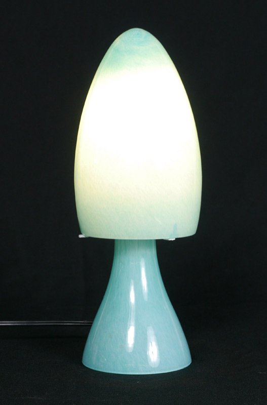 BAROVIER & TOSO BLUE GLASS LAMP: BAROVIER & TOSO BLUE GLASS LAMP; Glass shade and base, label intact, approx. 12 1/2'' tall.
